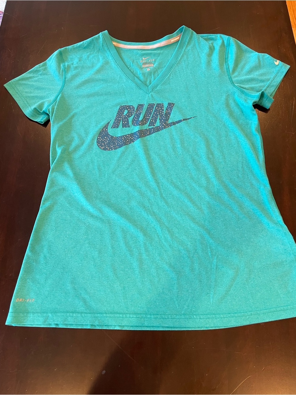 Nike Teal V-Neck RUN Graphic Short Sleeve Tee